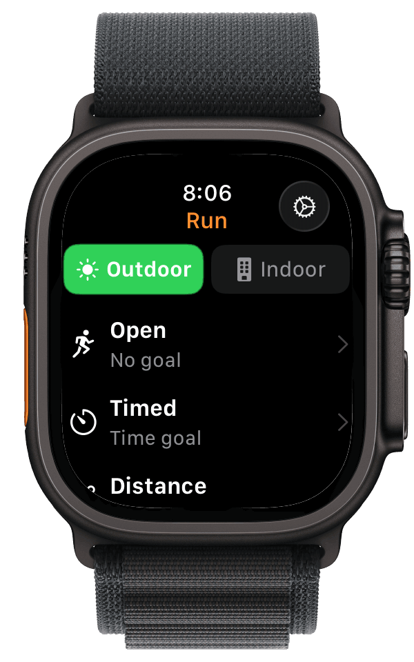 Run setup: outdoor or indoor, goals and open runs