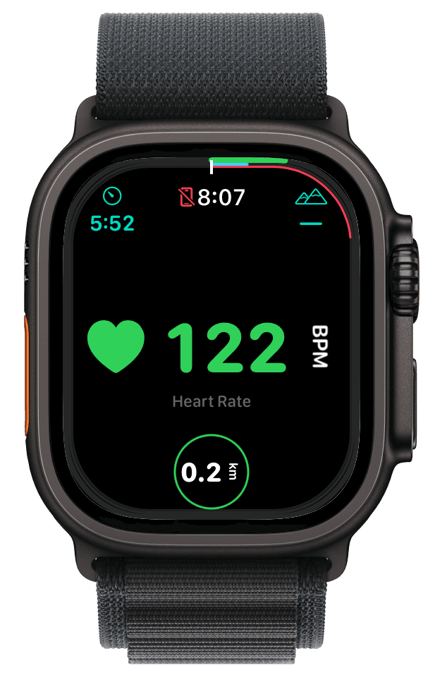 In-run view with large heart rate, time, and distance
